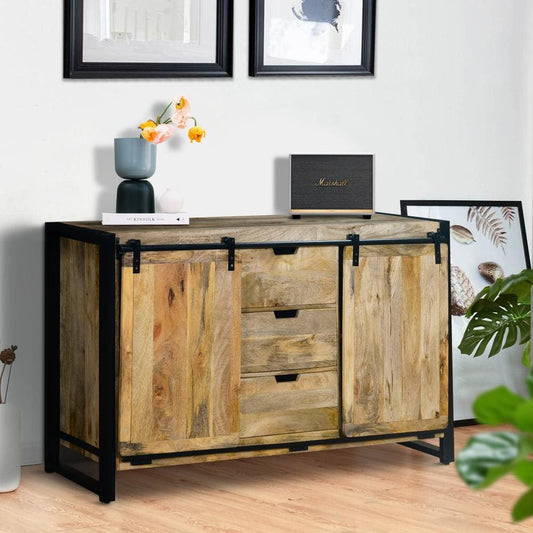 59 Inch 3 Drawer Wooden Sideboard with Barn Style 2 Sliding Doors, Brown and Black By The Urban Port