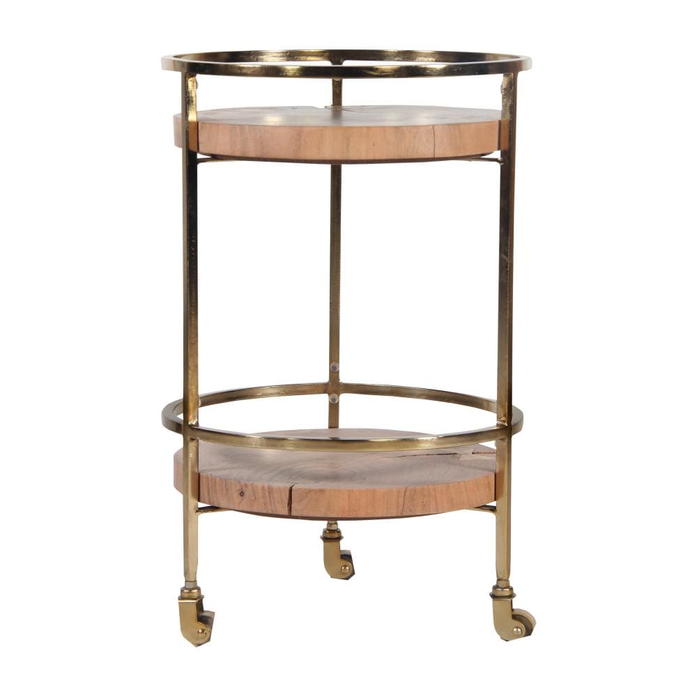 2 Tier Industrial Bar Cart with Live Edge Wooden Shelves and Metal Frame Brown and Brass By The Urban Port UPT-242826