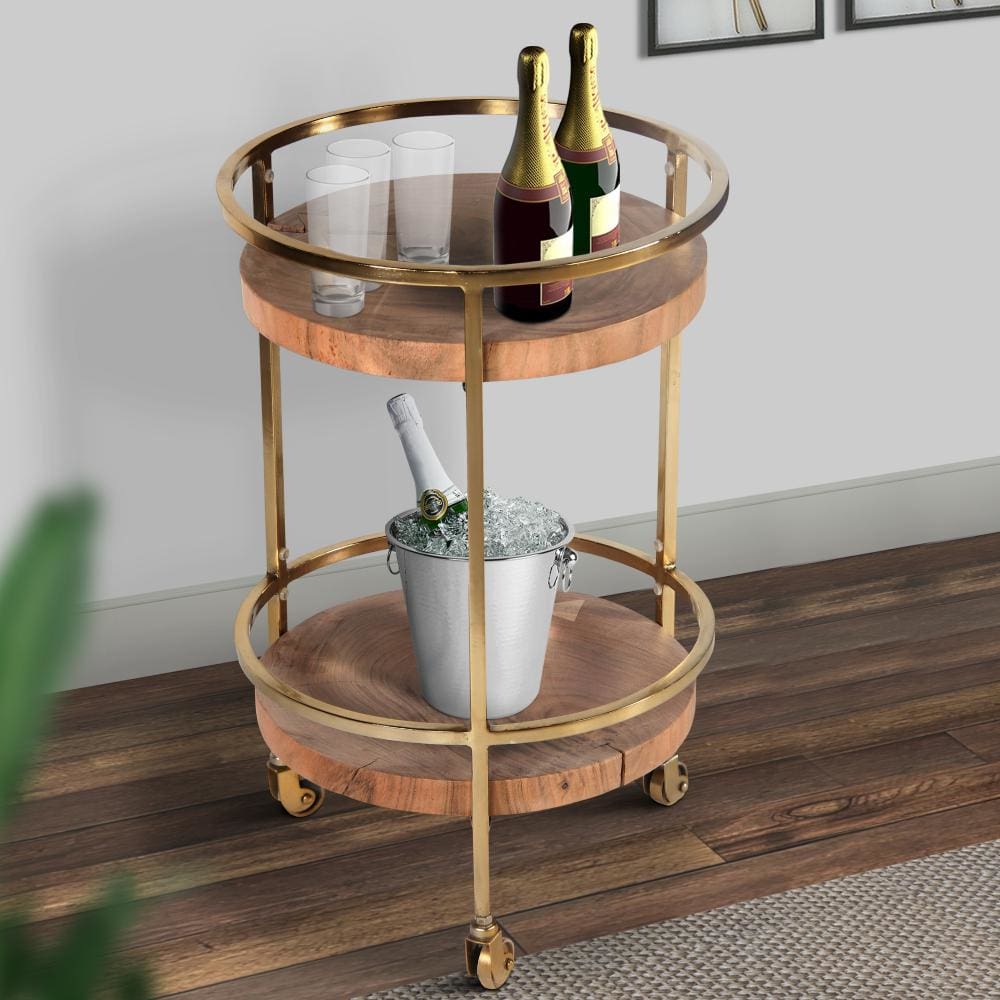 34 Inch 2 Tier Industrial Style Tea and Bar Cart, Live Edge Mango Wood Shelves, Metal Frame, Brown, Brass By The Urban Port