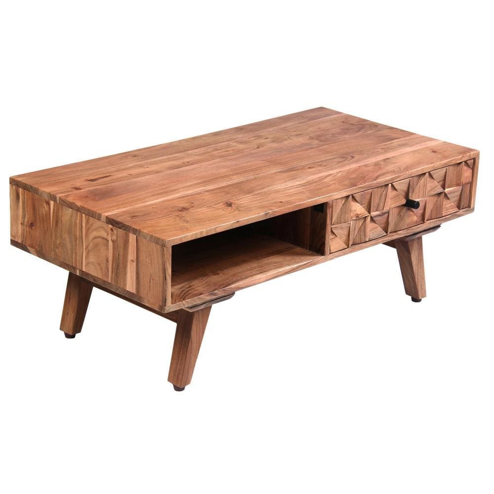 37 Inch Farmhouse Rectangle Coffee Table with 2 Drawers and Textured Front Oak Brown By The Urban Port UPT-242829
