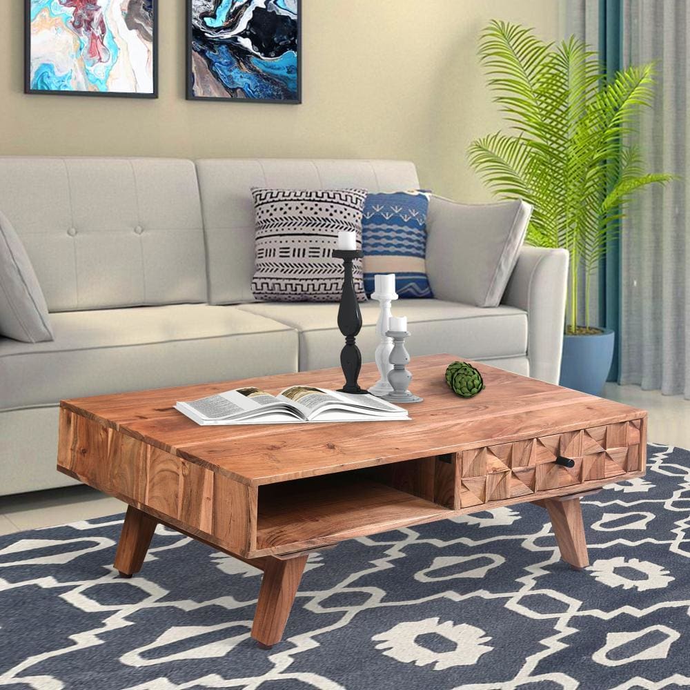 Reed 37 Inch Wood Coffee Table with 3D accent Drawers, Oak Brown By The Urban Port