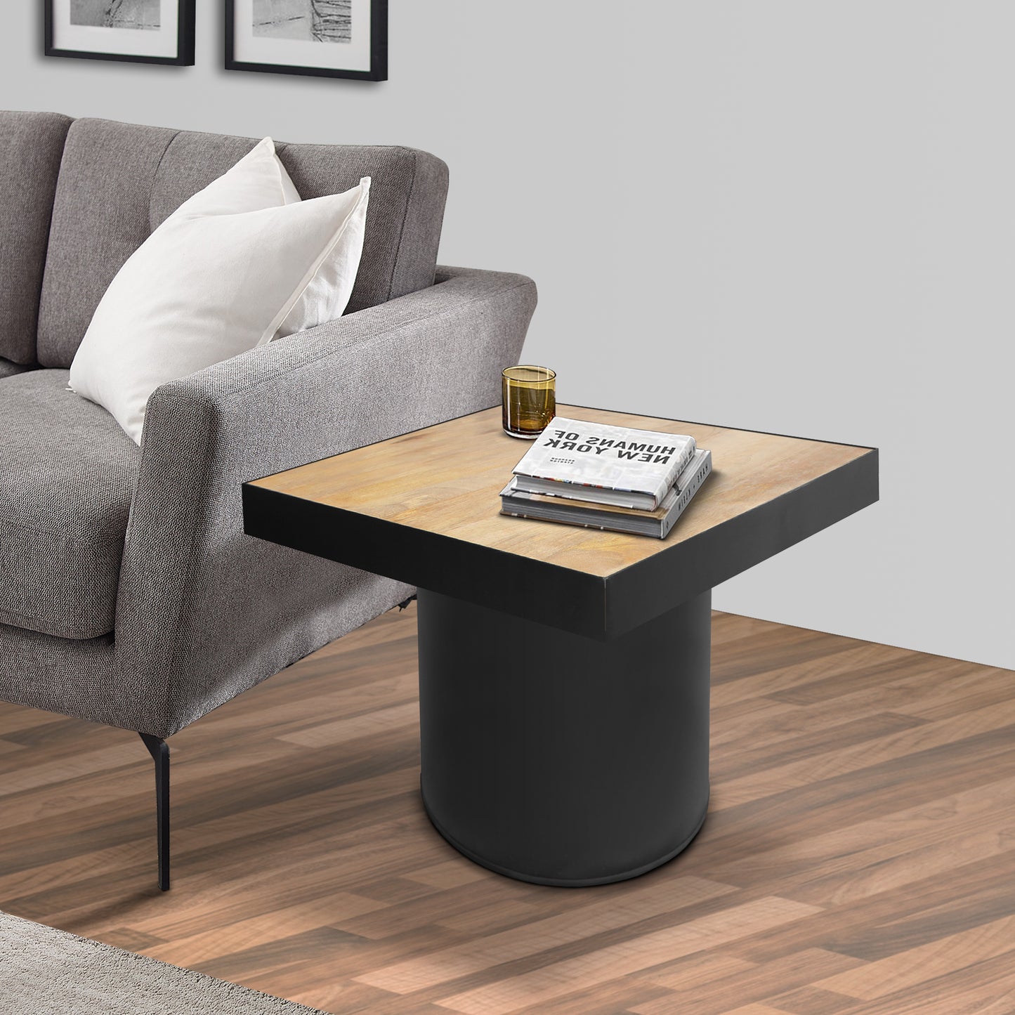 21 Inch Wooden Side Table with Block Metal Base, Brown and Black By The Urban Port