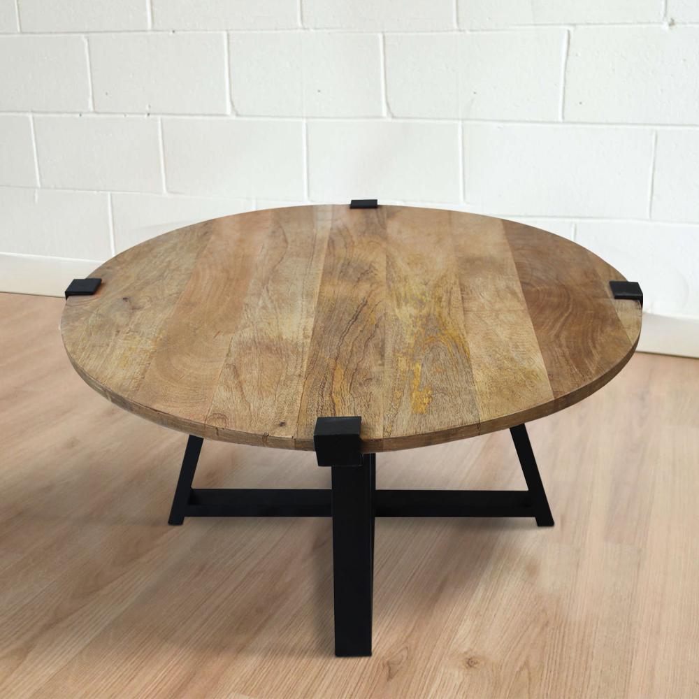 31 Inch Round Wooden Coffee Table Metal Frame X Base Grains Brown Black By The Urban Port UPT-247103