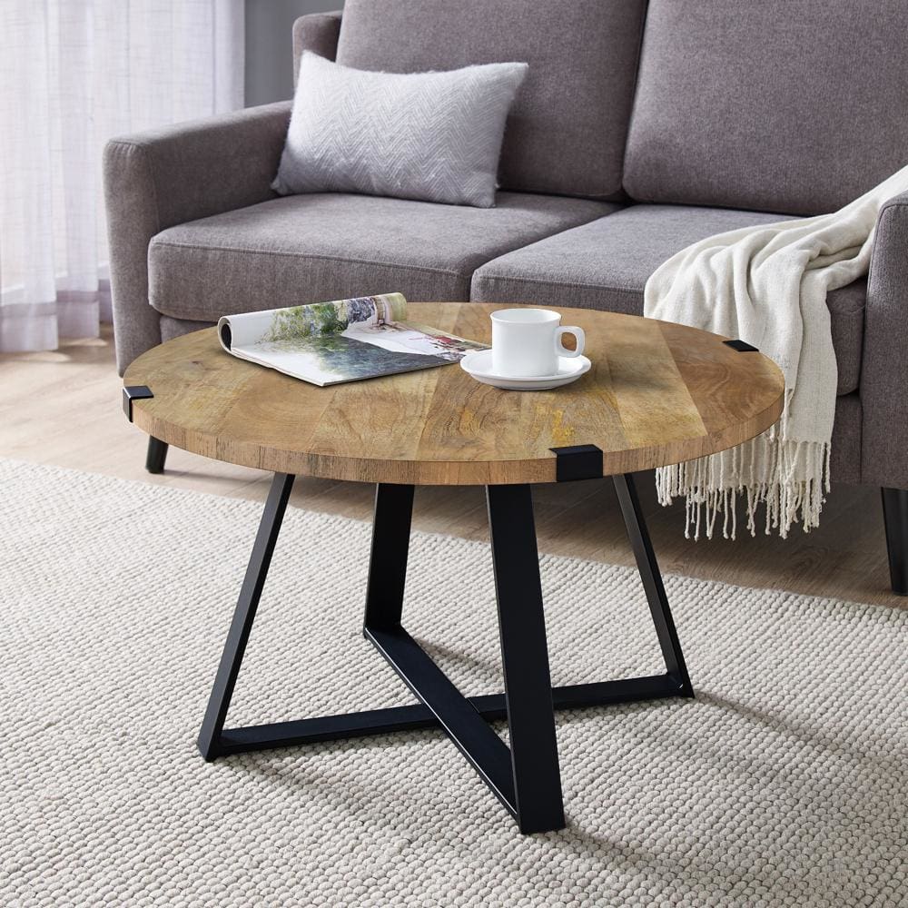 31 Inch Round Wooden Coffee Table, Metal Frame, X Base, Grains, Brown, Black By The Urban Port