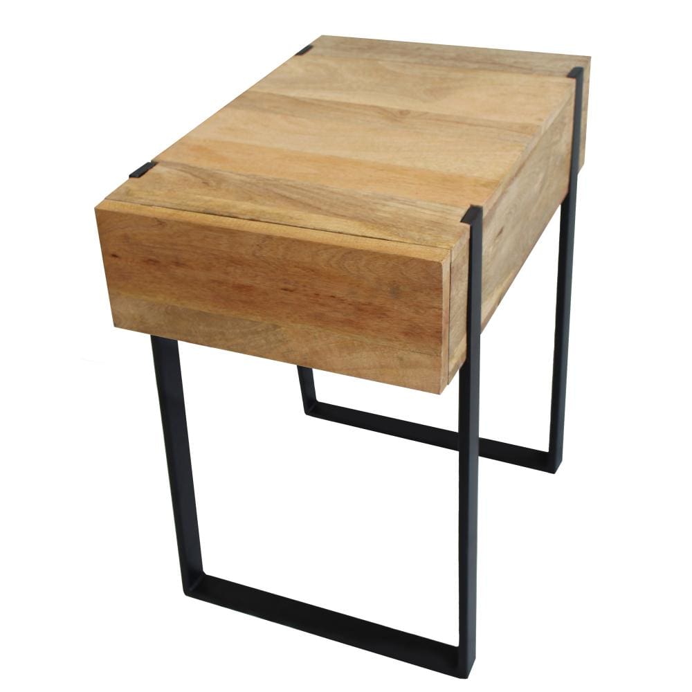 24 Inch Wooden End Table with Single Drawer and Metal Frame Brown and Black By The Urban Port UPT-247104