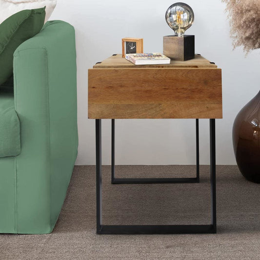24 Inch Wooden End Table with Single Drawer and Metal Frame, Brown and Black By The Urban Port