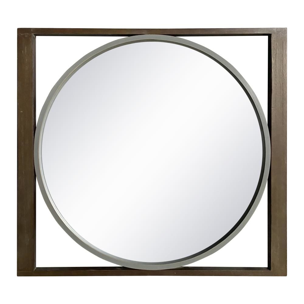 Round Wall Mirror with Rectangular Wooden Frame Brown By The Urban Port UPT-247266