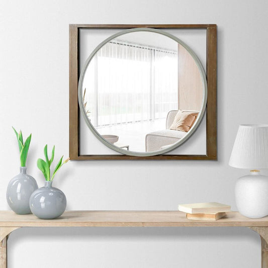 Round Wall Mirror with Rectangular Wooden Frame, Brown By The Urban Port