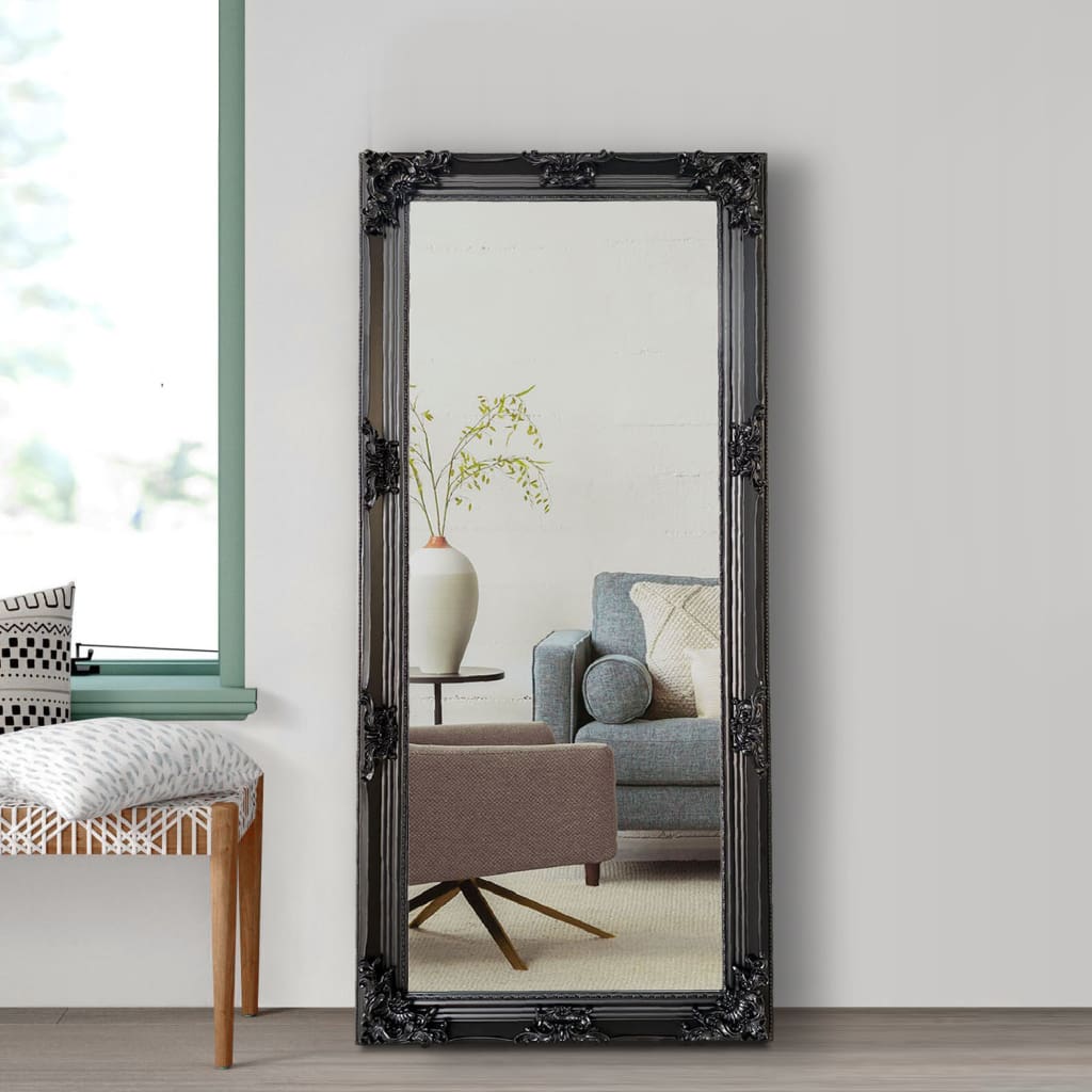 Wooden Frame Floor Mirror, Floral Carvings, Molded Details, Black  By The Urban Port