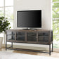71 Inch Rustic Media Console TV Stand, 4 Glass Panel Doors, Solid Wood, Metal Frame, Brown and Black By The Urban Port