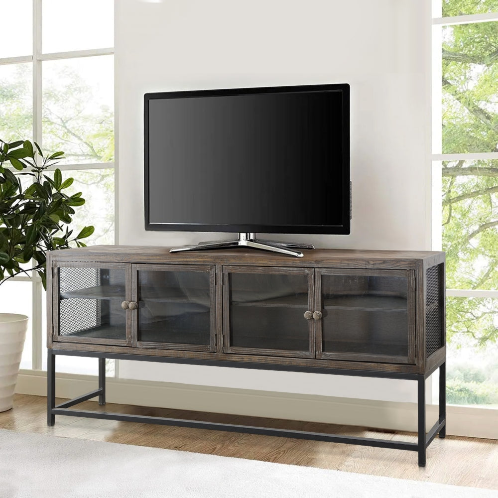 71 Inch Rustic Media Console TV Stand, 4 Glass Panel Doors, Solid Wood, Metal Frame, Brown and Black By The Urban Port