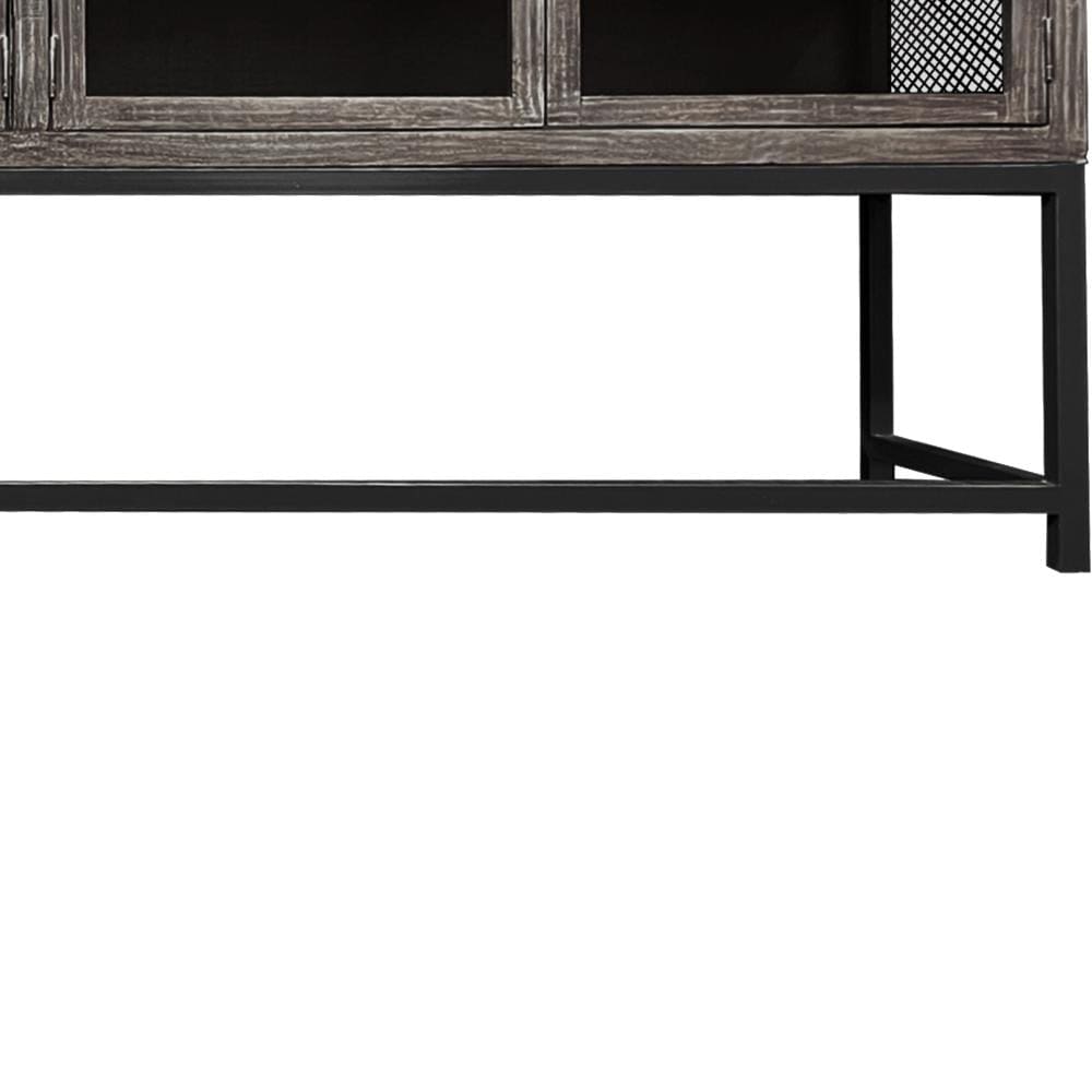 71 Inch Rustic Media Console TV Stand 4 Glass Panel Doors Solid Wood Metal Frame Brown and Black By The Urban Port UPT-248010
