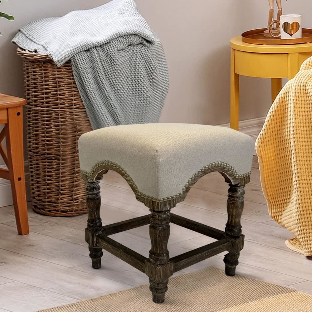 24 Inch Wooden Stool with Fabric Upholstery, Beige and Brown By The Urban Port