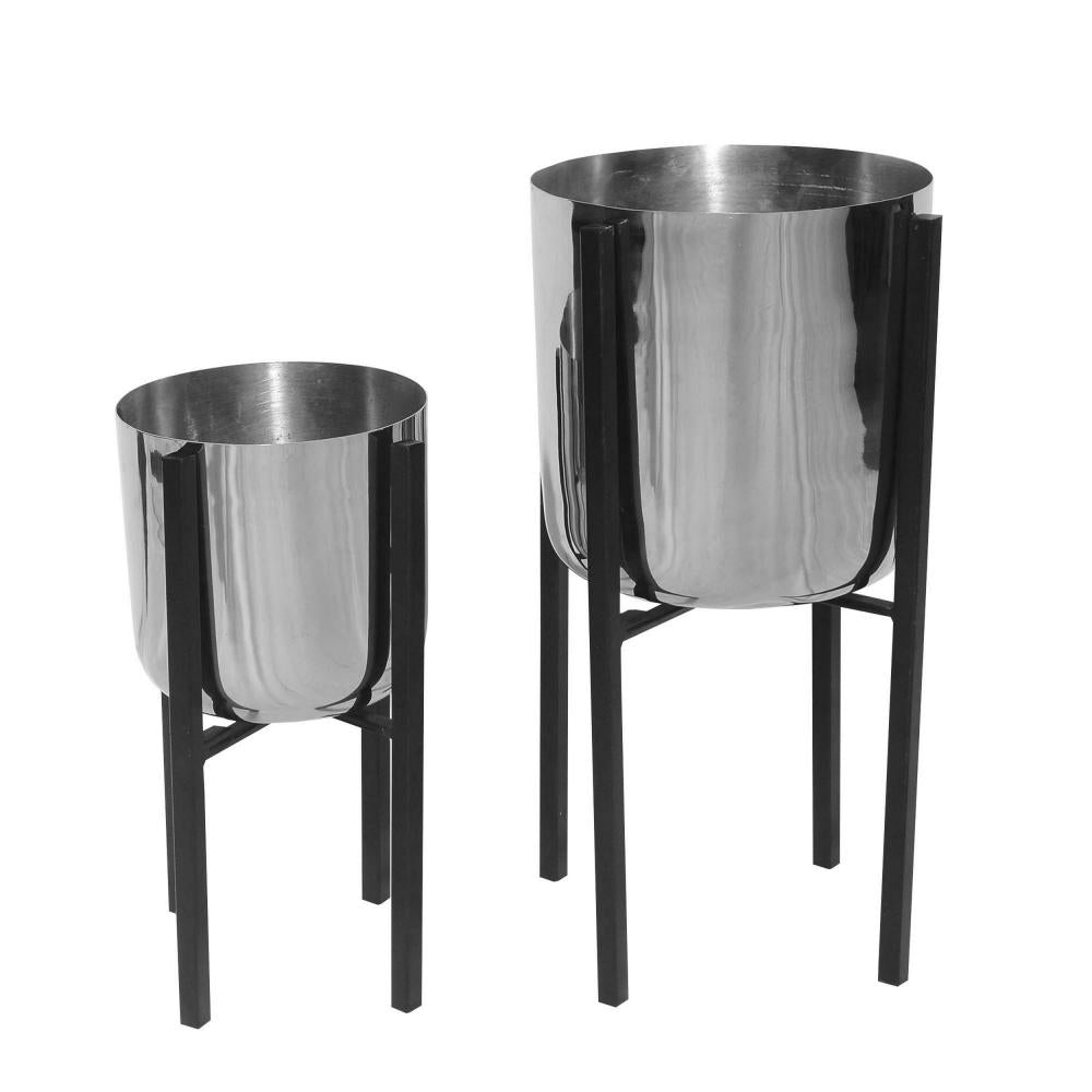 Iron Plant Stand with Bowl Shape and Tubular Metal Frame Set of 2 Silver and Black By The Urban Port UPT-248041