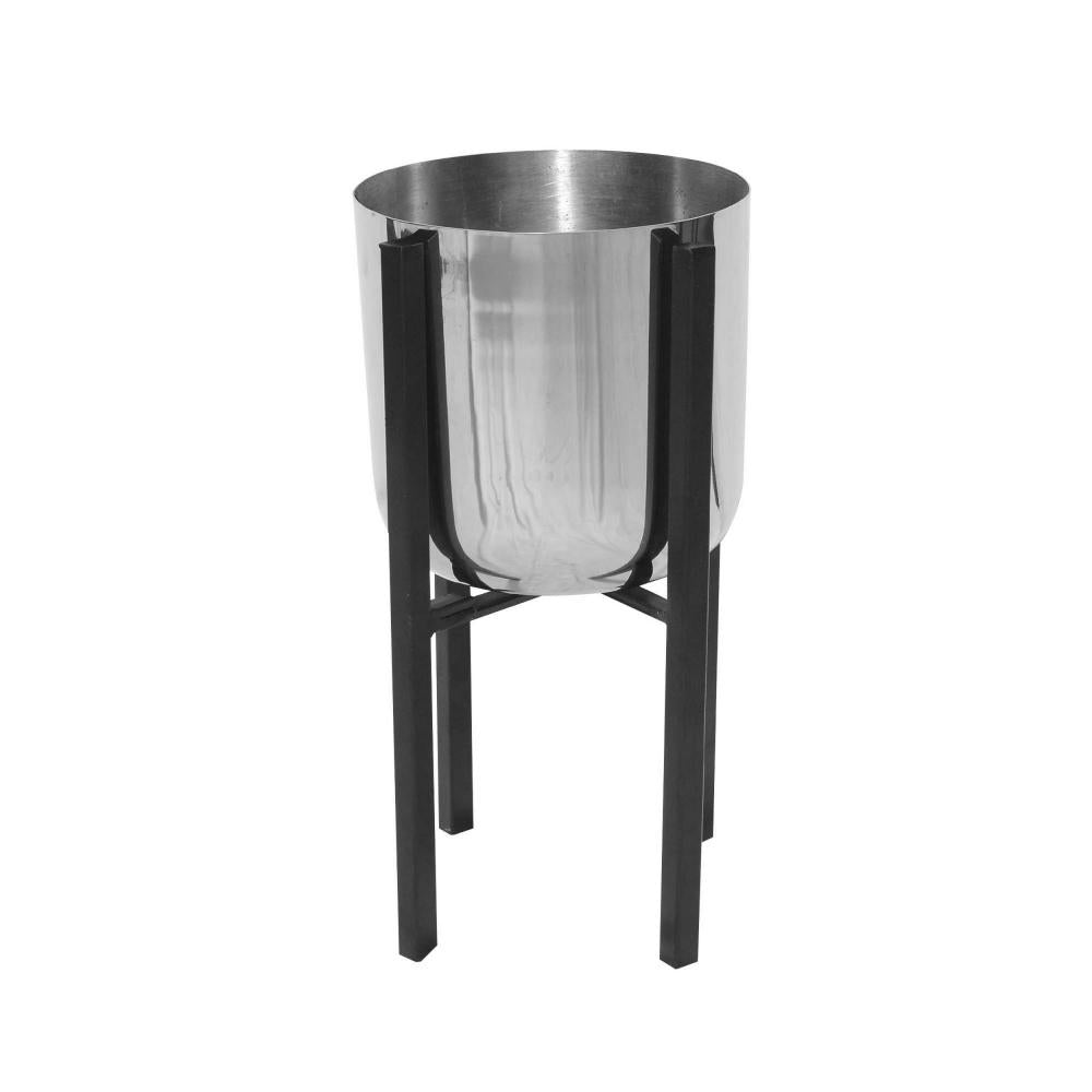 Iron Plant Stand with Bowl Shape and Tubular Metal Frame Set of 2 Silver and Black By The Urban Port UPT-248041