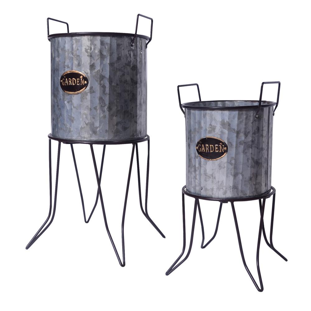 Galvanized Plant Stand with Corrugated Design and Metal Frame Set of 2 Metallic Gray By The Urban Port UPT-248044