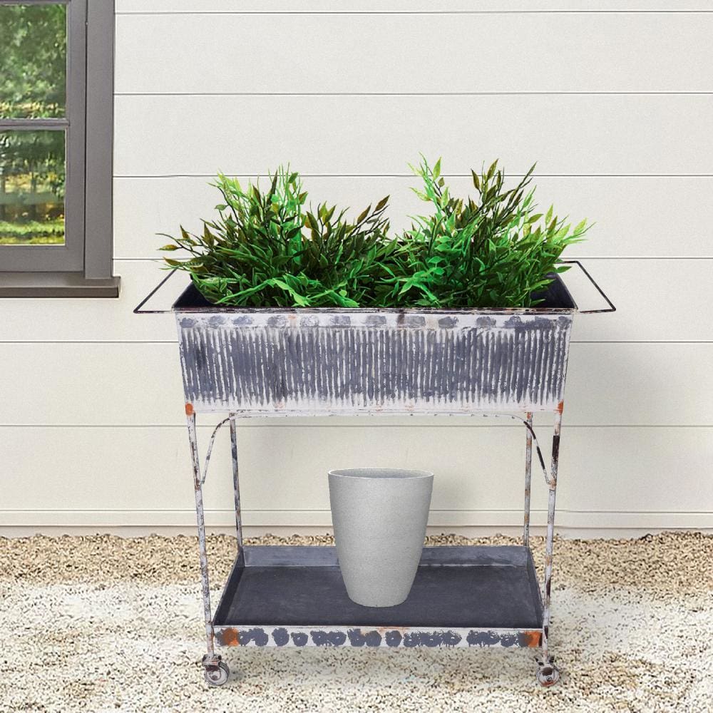 Plant Stand with Metal Frame and Bottom Shelf, Washed White By The Urban Port