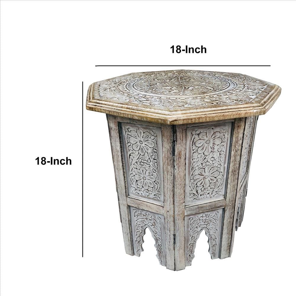 Farmhouse Wooden Side Table with Engraved Design and Octagonal Top Antique Brown By The Urban Port UPT-248136