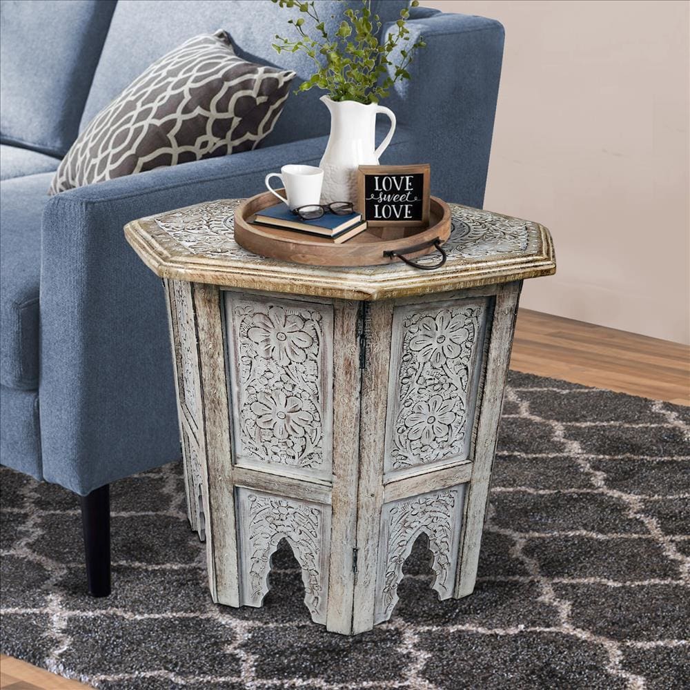 Farmhouse Wooden Side Table with Engraved Design and Octagonal Top, Antique Brown By The Urban Port