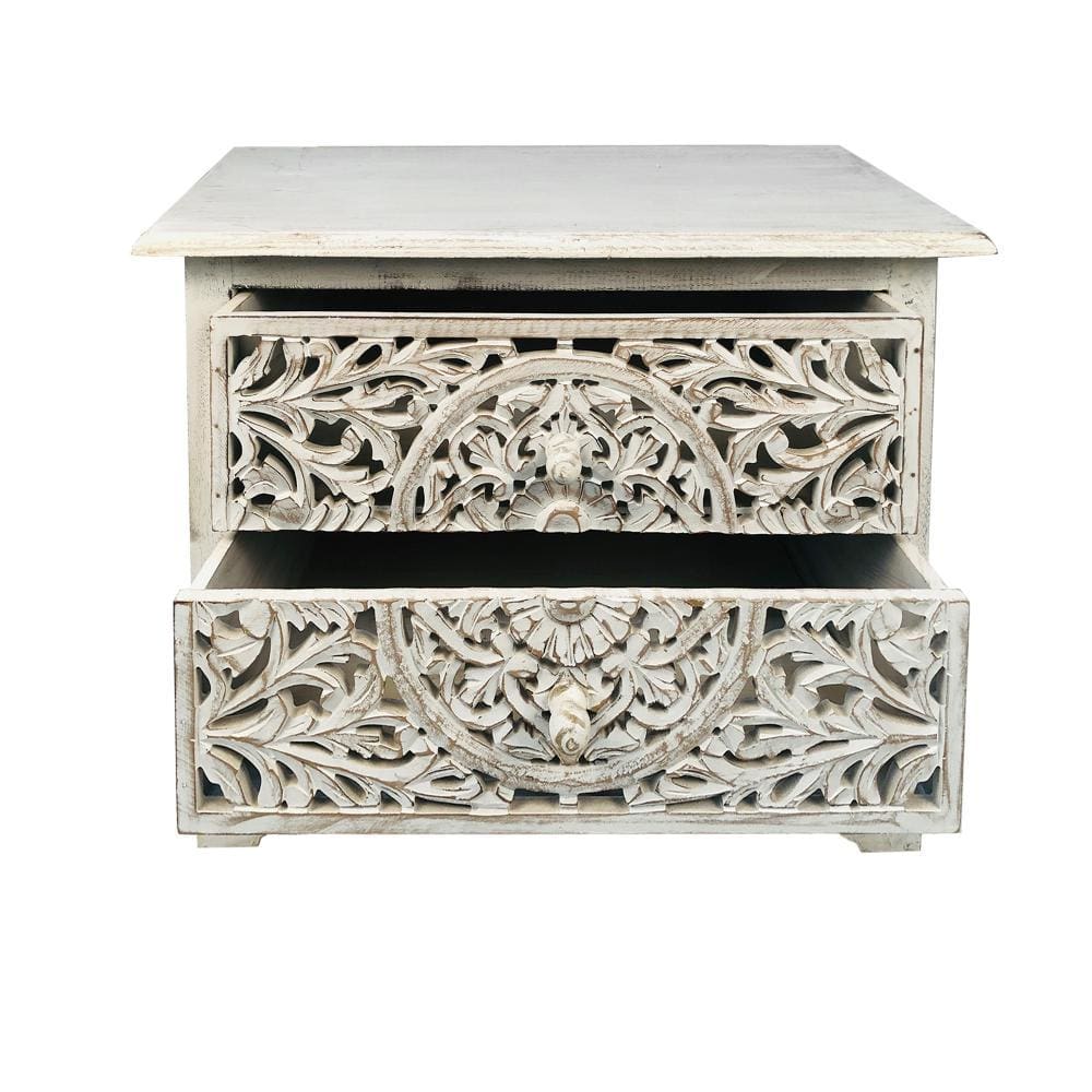 Wooden Nightstand with 2 Drawers and Floral Cut Out Design Antique White By The Urban Port UPT-248138