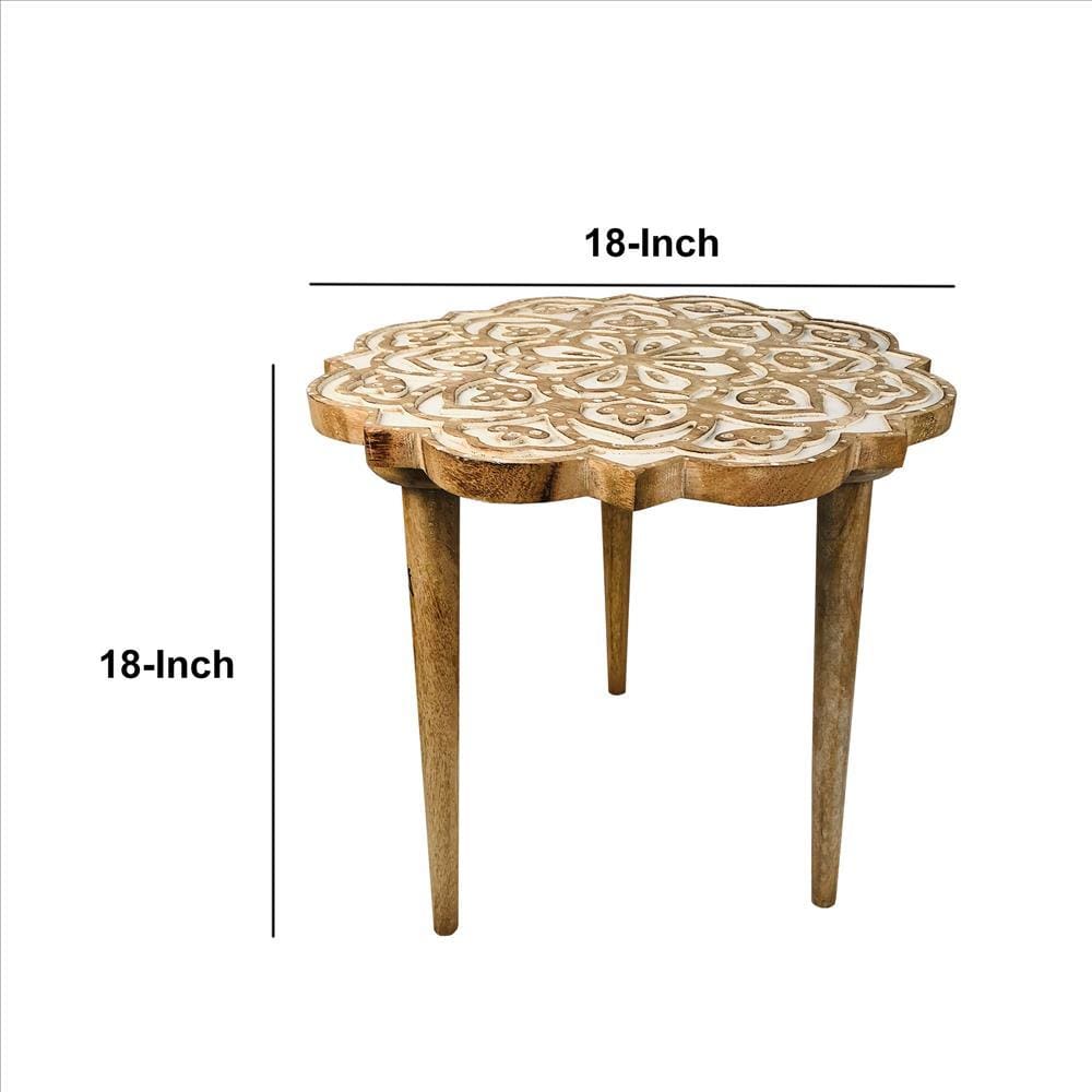 Wooden Side Table with Floral Carved Top and Tripod Base Antique Brown By The Urban Port UPT-248149