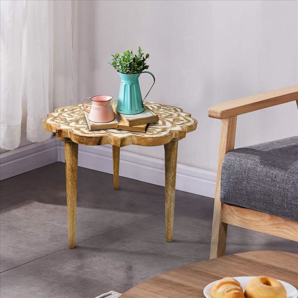 Wooden Side Table with Floral Carved Top and Tripod Base, Antique Brown By The Urban Port
