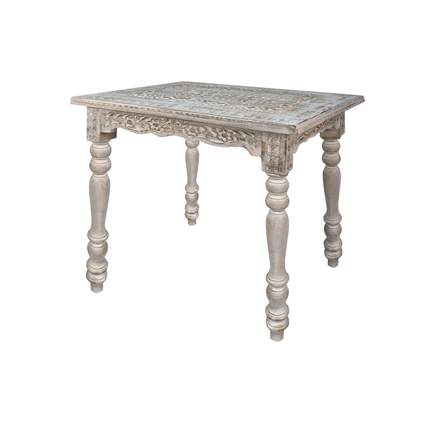 Wooden Side Table with Carved Rectangular Top and Turned Legs Antique White By The Urban Port By The Urban Port UPT-248150