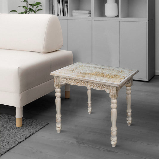 Wooden Side Table with Carved Rectangular Top and Turned Legs, Antique White By The Urban Port By The Urban Port
