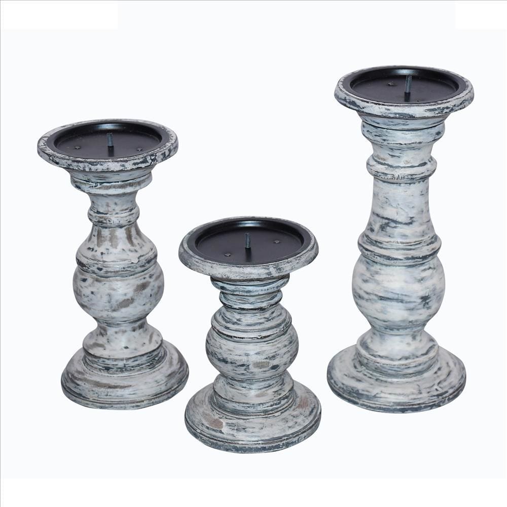Wooden Candleholder with Turned Pedestal Base Set of 3 Distressed White and Black By The Urban Port UPT-249271