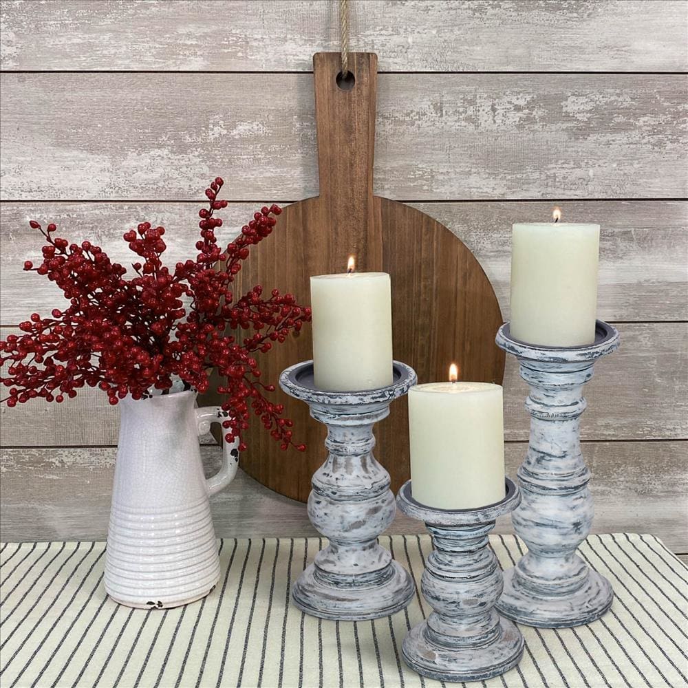 Wooden Candleholder with Turned Pedestal Base, Set of 3, Distressed White and Black By The Urban Port