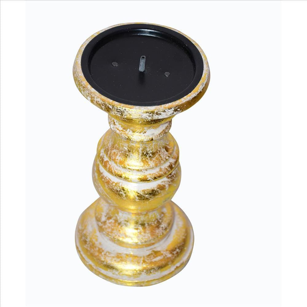 Wooden Candleholder with Turned Pedestal Base Set of 3 Distressed Gold By The Urban Port UPT-249274