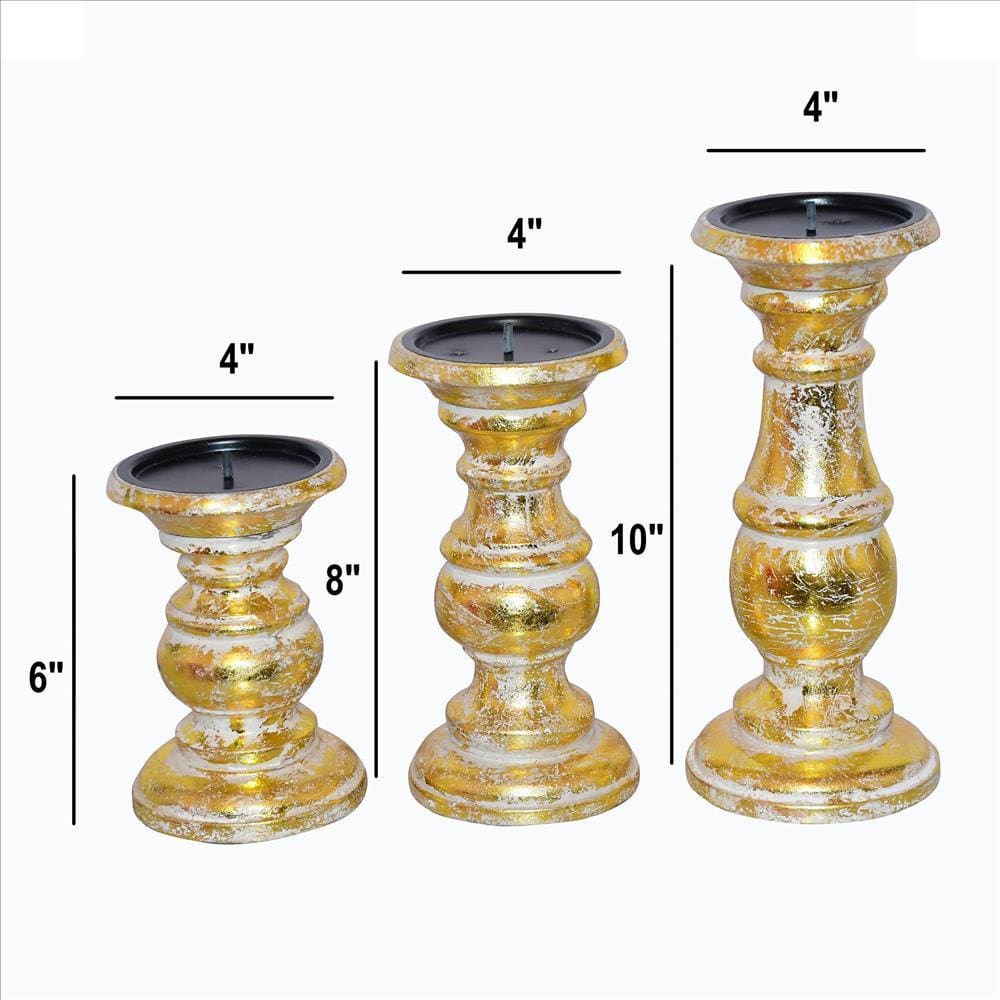 Wooden Candleholder with Turned Pedestal Base Set of 3 Distressed Gold By The Urban Port UPT-249274