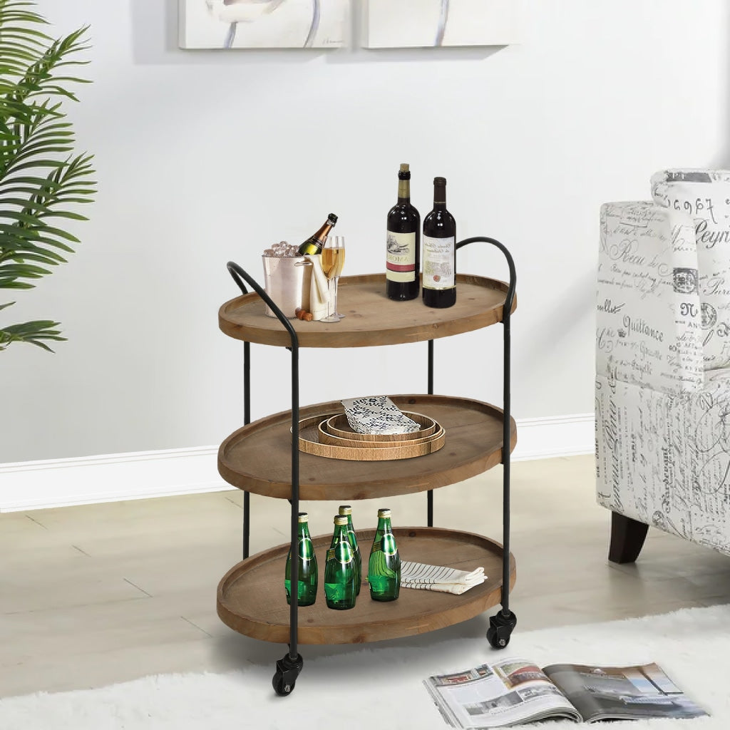 23 Inch Wood Bar Cart with 3 Tier Storage Trays and Metal Frame, Brown By The Urban Port