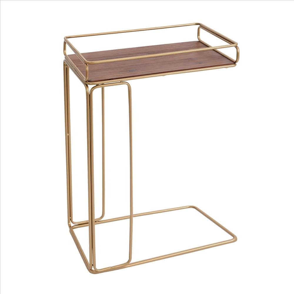 C Shaped Side Table with Metal Frame Brown and Gold By The Urban Port UPT-250426