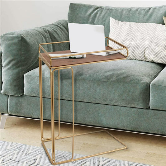 C Shape Minimalist Wood Side Tray Table with Metal Frame, Brown and Matte Gold By The Urban Port