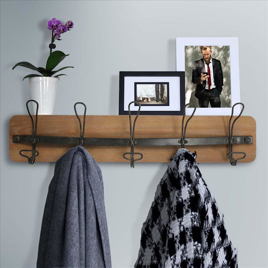 26 Inch Rustic Wood Indoor Outdoor 5 Wall Hooks, Brown By The Urban Port