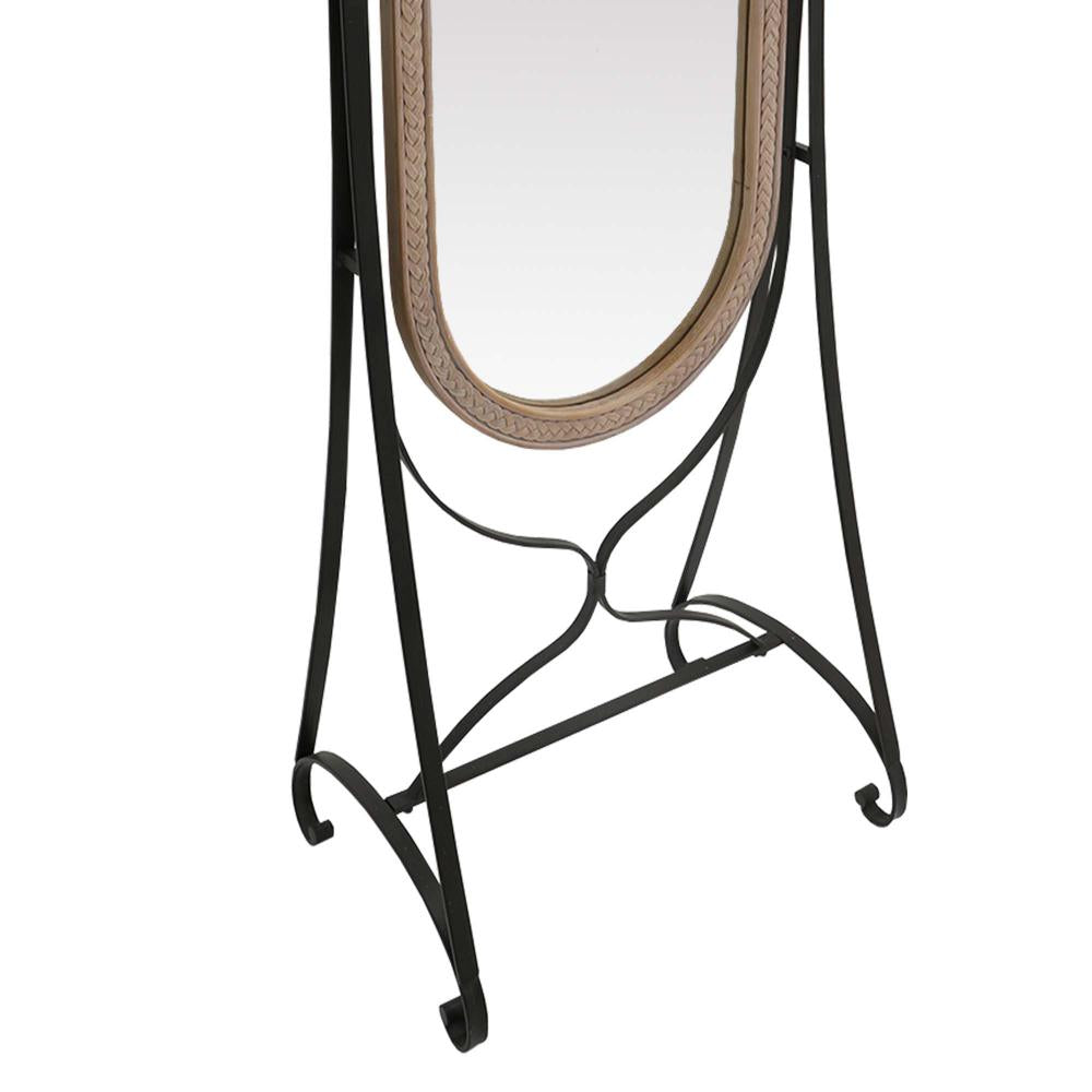 64 Inch Tall Adjustable Floor Mirror with Oval Carved Wood Frame and Metal Stand Brown By The Urban Port UPT-250428