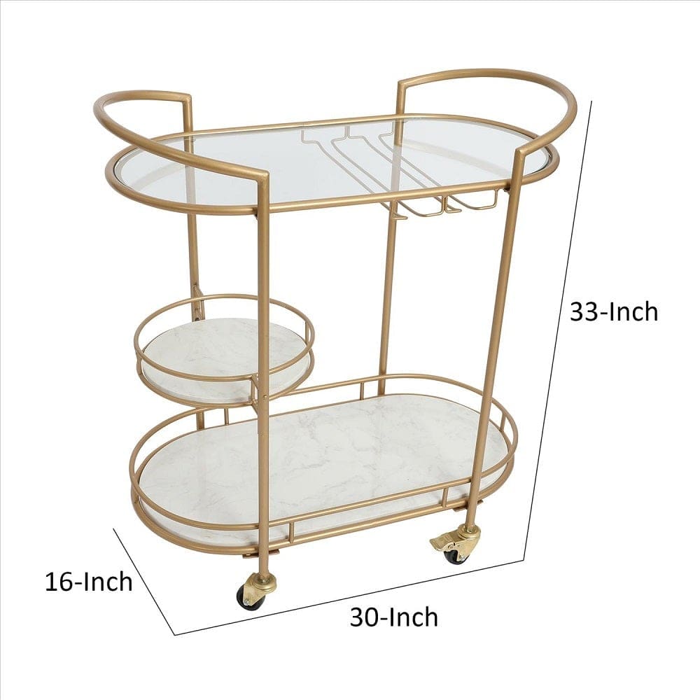 3 Tier Rolling Cart with Tubular Metal Frame and Marble shelves Gold By The Urban Port UPT-250429