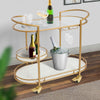 33 Inch Serving Cart, 3 Tier Glass and Marble Shelves, Gold Iron Frame, Lockable Casters By The Urban Port