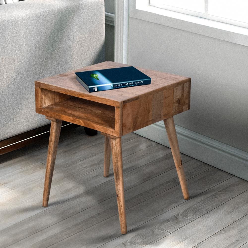 24 Inch Farmhouse Wooden Square End Table with Open Compartment, Oak Brown By The Urban Port