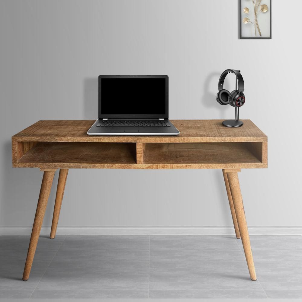 48 Inch Minimalist Mango Wood Desk, 2 Compartments, Splayed Legs, Weathered Oak Brown By The Urban Port