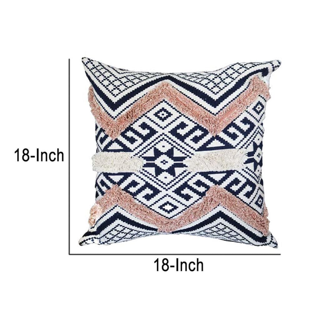 18 x 18 Handcrafted Square Jacquard Cotton Accent Throw Pillow Geometric Tribal Pattern White Black Beige By The Urban Port UPT-261538