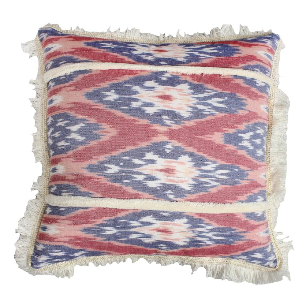 18 x 18 Handcrafted Square Cotton Accent Throw Pillow, Floral Ikat Dyed Pattern, Fringe Accent, Multicolor By The Urban Port