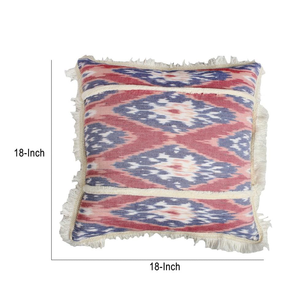 18 x 18 Handcrafted Square Cotton Accent Throw Pillow Floral Ikat Dyed Pattern Fringe Accent Multicolor By The Urban Port UPT-261542