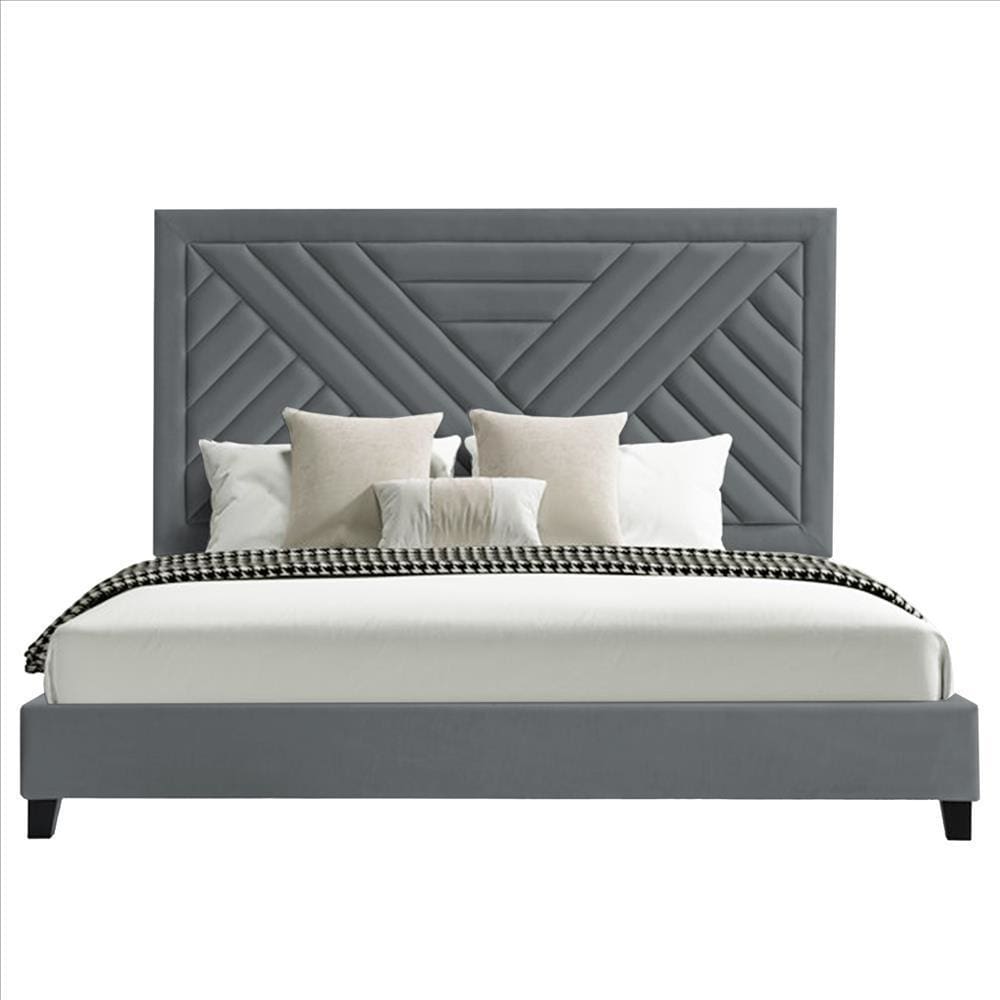 Queen Bed with Fabric Upholstery and Channel Tufted Headboard Charcoal Gray By The Urban Port UPT-262086