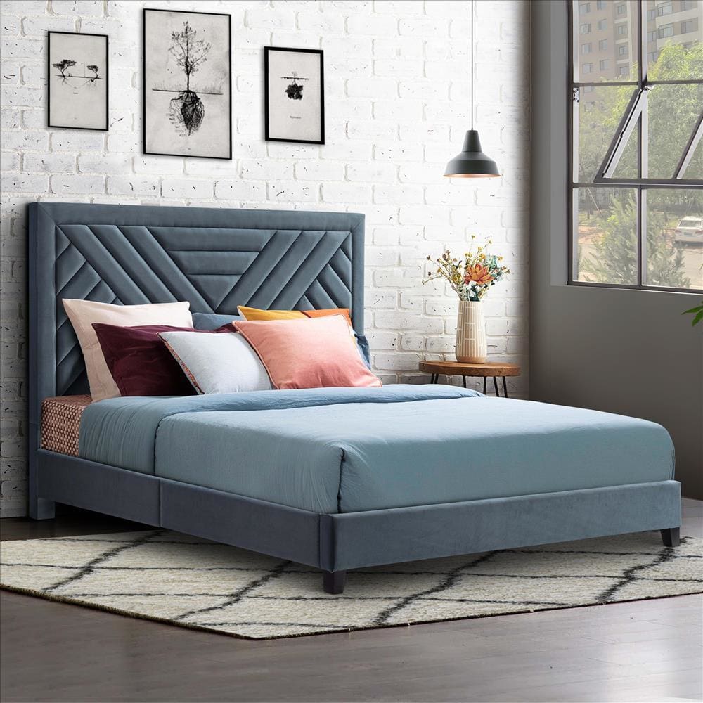 Queen Bed with Fabric Upholstered Channel Tufted Headboard,, Charcoal Gray By The Urban Port