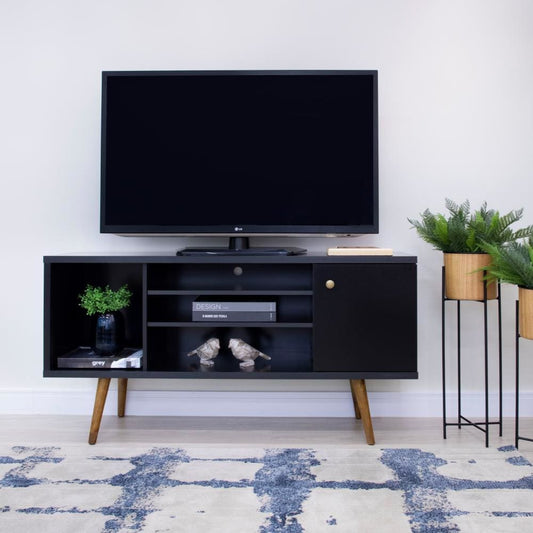 Reece 53 Inch Handcrafted Modern Wood TV Media Entertainment Cabinet Console, 2 Tone, Brown Legs, Black By The Urban Port