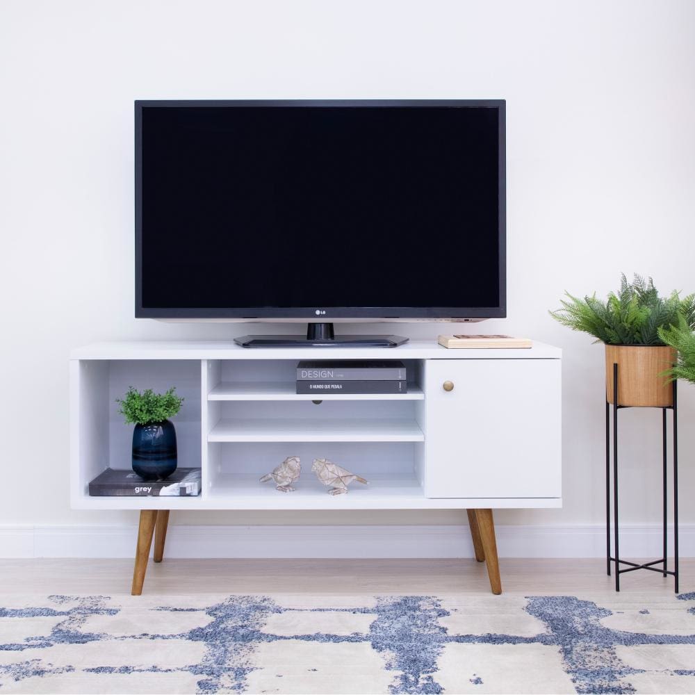 Reece 53 Inch Handcrafted Modern Wood TV Media Entertainment Cabinet Console, 2 Tone, Brown Legs, White By The Urban Port