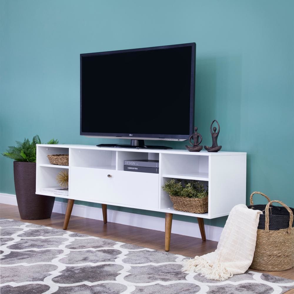 Reece 63 Inch Handcrafted Modern Wood TV Media Entertainment Console, Drop Down Storage, 2 Tone, Brown Legs, White By The Urban Port