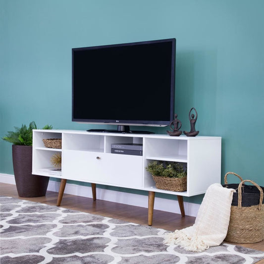 Reece 63 Inch Handcrafted Modern Wood TV Media Entertainment Console, Drop Down Storage, 2 Tone, Brown Legs, White By The Urban Port
